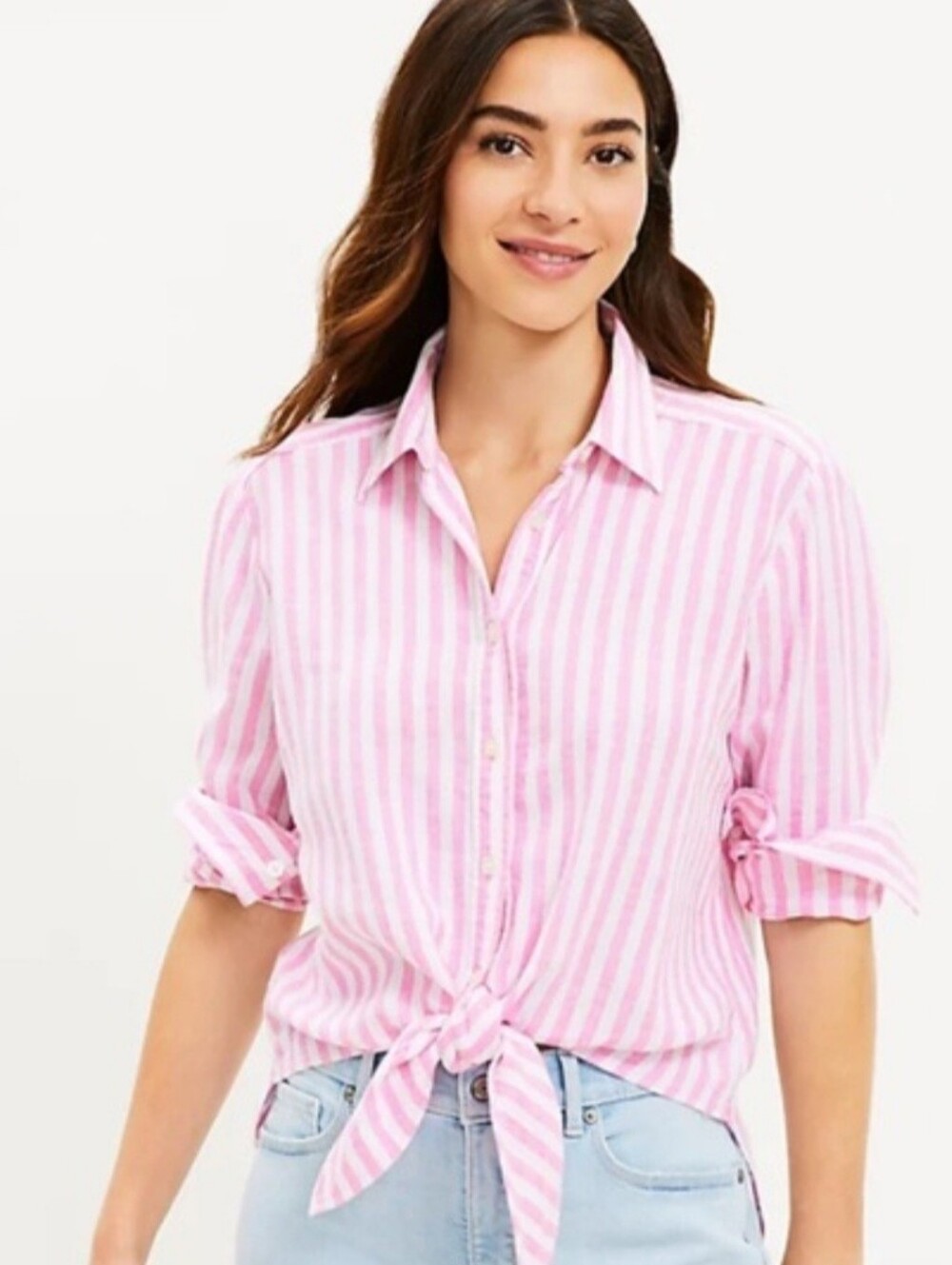 Loft Linen Blend Pink Stripe Button Down Ties In Front NWT